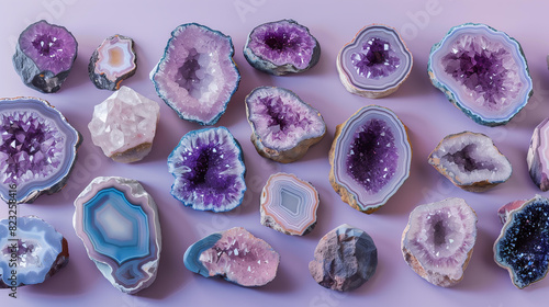 collection of beautiful geode slices, each with its own unique patterns and colors, arranged on a pastel lilac background, showcasing the natural beauty found in rock formations