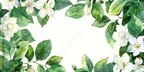 Watercolor clipart featuring a frame of jasmine flowers and leaves for wedding stationery. Concept Watercolor Clipart, Jasmine Flowers, Wedding Stationery, Floral Frame, Botanical Illustrations
