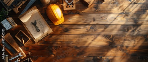 Top view flat lay of building tools on a wooden table with copy space. The banner design highlights various construction tools, emphasizing craftsmanship and DIY projects.