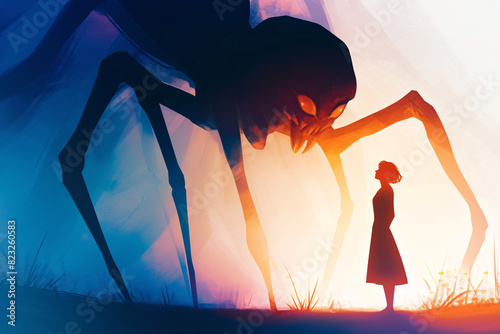 A girl confronts a giant arachnophobia spider with glowing eyes at dusk