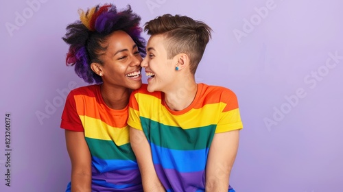 Two joyful gay teens in bright rainbow t-shirts, leaning in towards each other with playful expressions, set against a plain purple pastel background