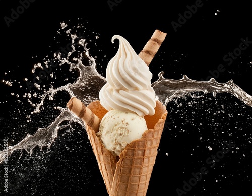 Eis mit Eiscreme und Waffel - Splash - schwarzer Hintergrund