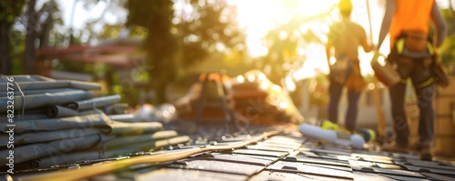 Create an image of craftsmen setting up a roof, blurred in the background, with the focus on a pile of roofing materials and tools in the foreground