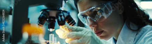 A female scientist works in a laboratory using a microscope and gloves 
