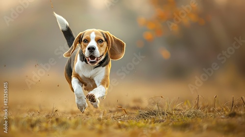 A beagle is running in the field