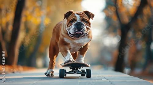 A bulldog is skateboarding down the road.