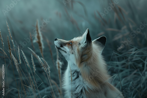 cute fox surrounded by tall grass at night , with an ethereal style in the manner of light gray and dark gold, looking up at the sky in a soft, dreamy atmosphere, cover, animals care