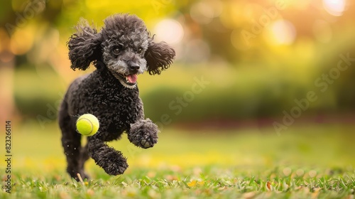 A cute black poodle is running and chasing a green ball in the park with blurred background.