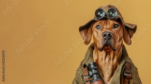 A dog wearing a hat and binoculars is ready to go on an adventure.