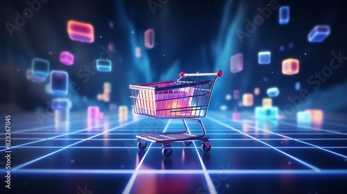 Shopping cart flows smoothly with digital data, marketing ecommerce online shopping concept