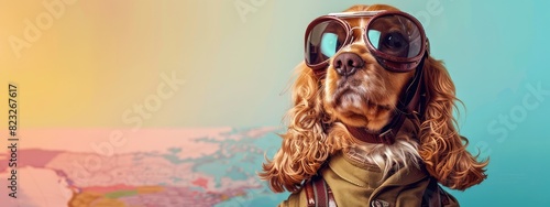 A studio shot of a cocker spaniel dog wearing aviator goggles against a pastel rainbow background.