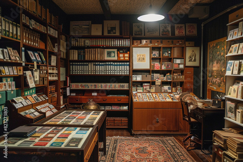 Well lit study room featuring an extensive stamp collection meticulously arranged in albums 