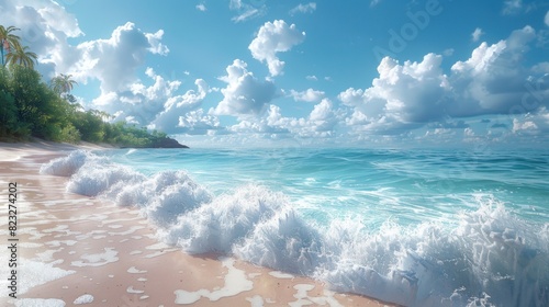 Pristine white sand beach on a sunny day, clear turquoise water sparkles under the sunlight