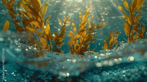 Sunlit Kelp Forest Underwater View with Glistening Water Droplets. Generative ai