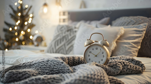 Closeup of an alarm clock on the bed with pillow and blanket, bed time or waking up concept with space for copy