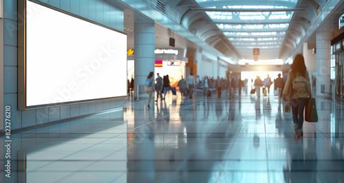 A large blank white billboard placed on the side of an airport walkway to the gates for marketing and advertisements 