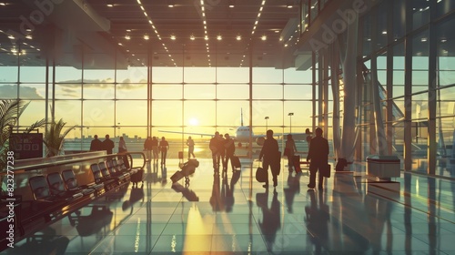 Airport departure hall with people waiting to board plane under sunlight in busy terminal