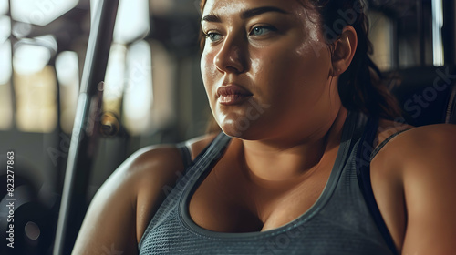 Closeup plus size woman in sportswear doing fitness in the gym
