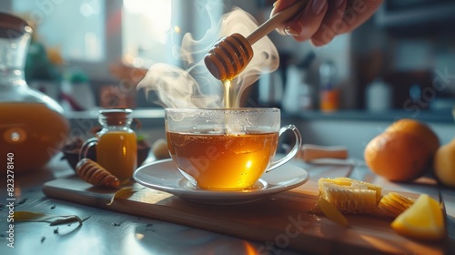 Depict a cozy kitchen scene where someone is stirring honey into a cup of hot tea, with steam rising from the cup, Close up