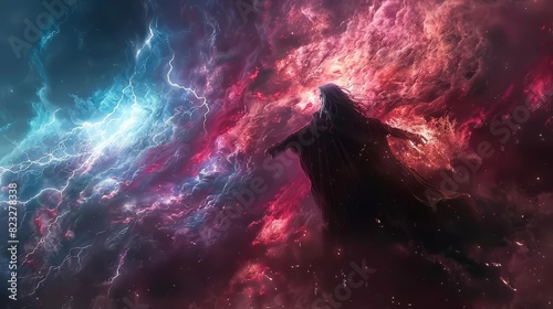 Depict a dark lord casting a powerful spell, with dark energy swirling around them and lightning striking the ground, Close up