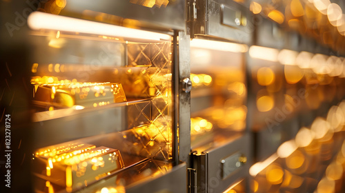 Closeup open safe deposit lockers with golden ingots