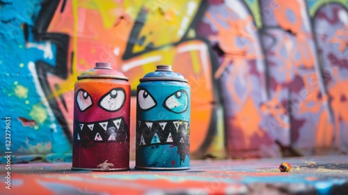 Monster graffiti spray can, grungy artistic messy graffiti wall abstract background.