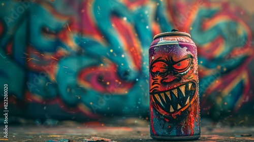 Monster graffiti spray can, grungy artistic messy graffiti wall abstract background.