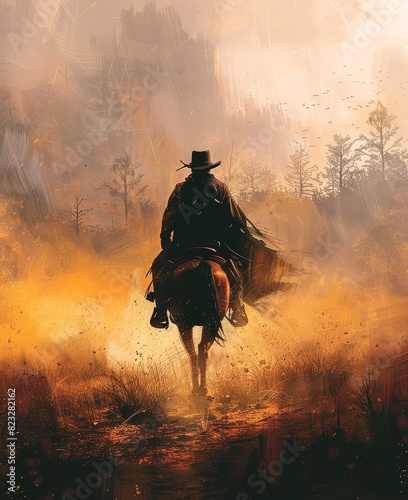 A lone cowboy rides through a misty, deserted landscape, evoking a sense of mystery and adventure in a timeless western setting.