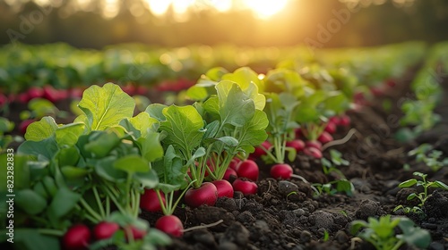 Close-up of fresh radishes growing in a vibrant, sunlit garden during sunrise, showcasing the beauty of organic farming and fresh produce.