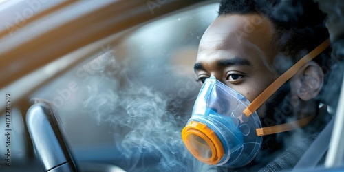 Driver wearing respirator because of foul odor from malfunctioning car air conditioning. Concept Vehicle issues, Driver safety, Respirator, Malfunctioning AC, Unpleasant odors