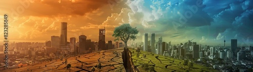 A divided city landscape with a single tree and cracked earth, illustrating the contrast between urbanization and nature.