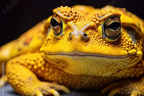 Textured Yellow toad closeup photo. Wildlife venom amphibian poison frog species. Generate ai