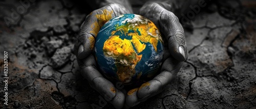 Dark-skinned hands hold a vibrant globe against a backdrop of cracked, dry soil, symbolizing environmental protection and climate change.
