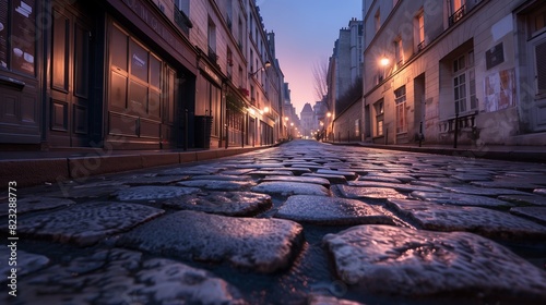 Cobblestone streets at dawn come alive, bathed in soft light, highlighting iconic architecture.