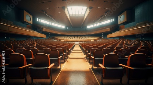 A photo of a lecture hall with rows of seats.