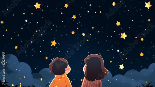 Hand drawn cartoon beautiful children watching stars at night Children's Day illustration 