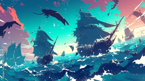 An epic naval battle between pirate ships on sea. Amazinng anime illustration