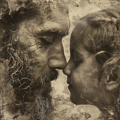 Artistic sepia photo of an elderly man and a young girl touching noses showing a tender moment and connecting across generations.