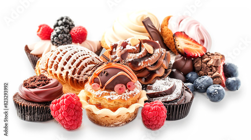 An assortment of various desserts on an isolated background, including eclairs, cupcakes, and pastries, decorated with fresh berries, chocolate, and cream. A variety of sweets on a white background.