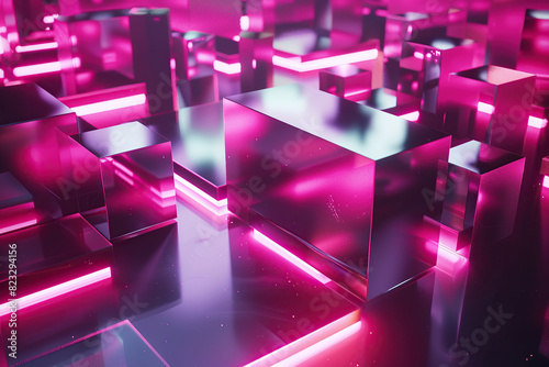 horizontal image of shiny pink fluorescent geometric abstract 3d background