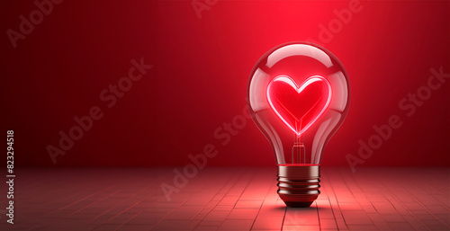 Light bulb with a heart shape glowing filament on a red background, Valentine day 