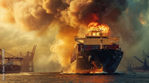 Large general cargo ship for logistic import export goods and other the explosion and had a lot of fire and smoke