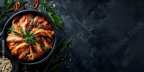 Top view of kimchi on black background in Korean cuisine photography. Concept Korean Cuisine, Kimchi, Food Styling, Top View Photography, Visual Presentation