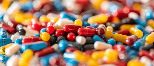 A vibrant, close-up shot of a variety of colorful pills and capsules. Ideal for healthcare, medicine, or pharmaceutical-related concepts.