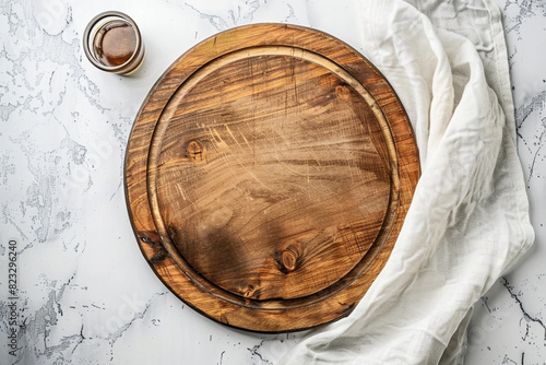 wooden board and napkins isolated on light, top view 
