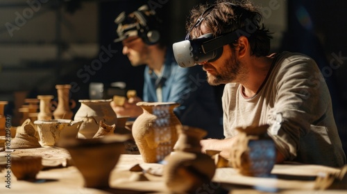 A team of archaeologists virtually piecing together pottery fragments using VR technology to visualize how the pieces fit together in their original form.