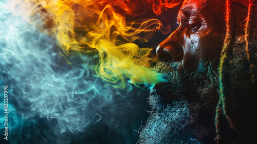 man with smoke on rasta colors