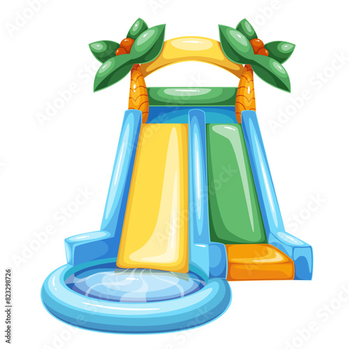 Water slide with round pool and cartoon palm trees on top. Inflatable waterslide with two chutes, summer fun activity in water park mascot, cartoon aquapark toy equipment vector illustration