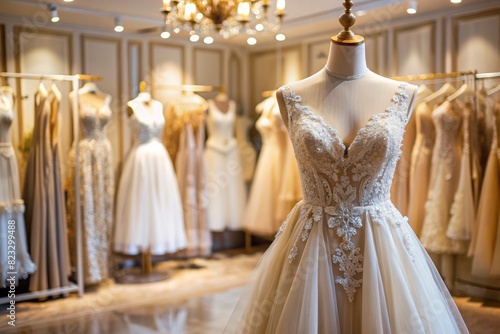 Rental and purchase of wedding dresses for events. Close-up. Elegant white wedding dress on a mannequin in a luxury bridal salon store.