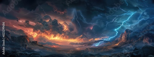 A dramatic lightning storm illuminating the night sky with jagged bolts of electricity casting an eerie glow over the landscape awe-inspiring power and energy of the elemental forces at play.
